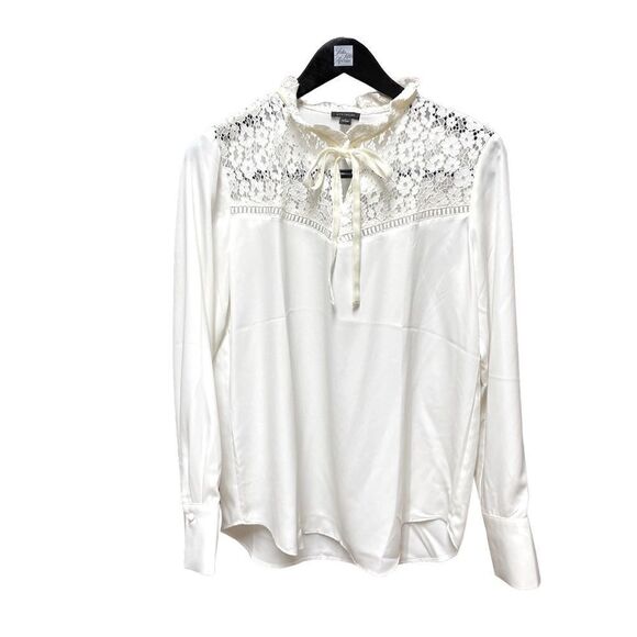 🌟70% OFF🌟 Ann Taylor White Lace Neck Long Sleeve Blouse - Picture 1 of 2